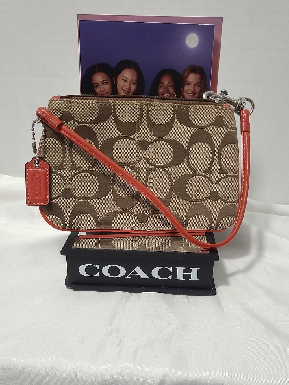 Coach Brown Signature Canvas Wristlet with Coral Trim